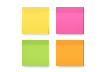 Four vibrant sticky notes in yellow, pink, green, and orange are displayed on a transparent background, ready for personalized messages and reminders