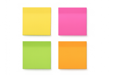 Four vibrant sticky notes in yellow, pink, green, and orange are displayed on a transparent background, ready for personalized messages and reminders