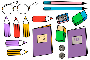 School supplies, backpack and pencil case, calendar with to-do list, diary. Flat illustration. Poster, stickers, printing on clothes.
