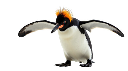 Fototapeta premium Macaroni penguin displaying vibrant orange crest feathers and distinctive flared wings in a snowy environment