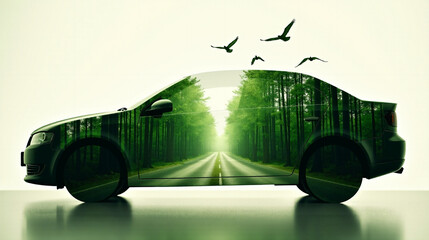 Double exposure capturing the essence of green transport with a forest road and birds integrated into a car's outline