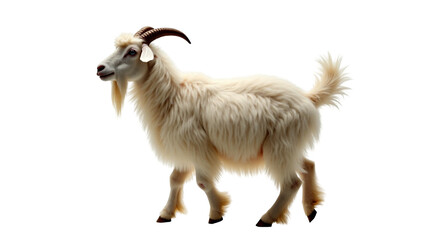 Fototapeta premium Silvery white Angora goat with long curly hair captured mid step in a natural setting
