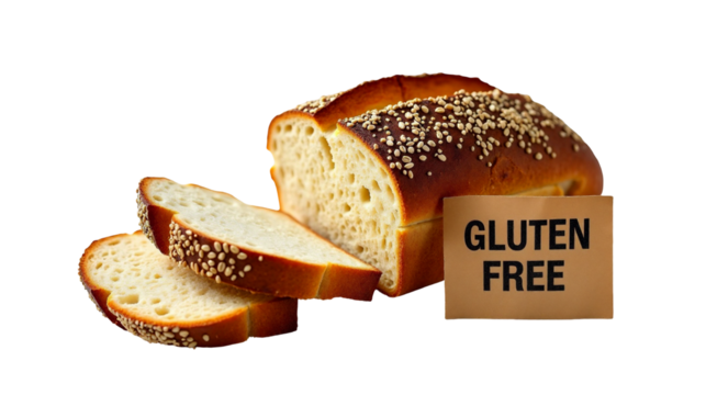 Rustic gluten free loaf with oats alongside a kraft label marking gluten free