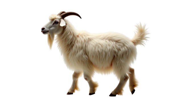 Silvery white Angora goat with long curly hair captured mid step in a natural setting