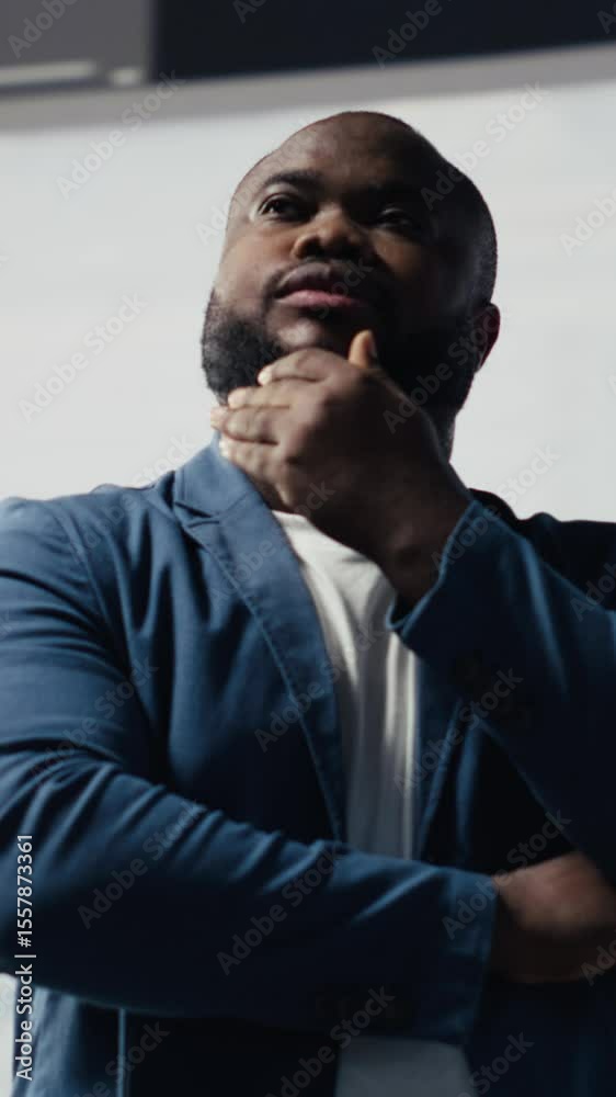 Poster vertical video african american engineer analyzing programming language for automation, data science