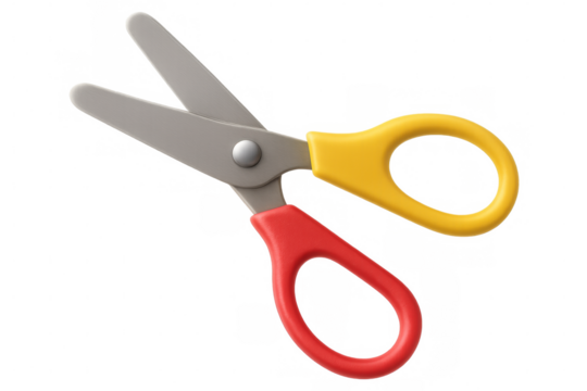 Colorful scissors spreading red and yellow handles, positioned against transparent backdrop highlighting sharp cutting edges