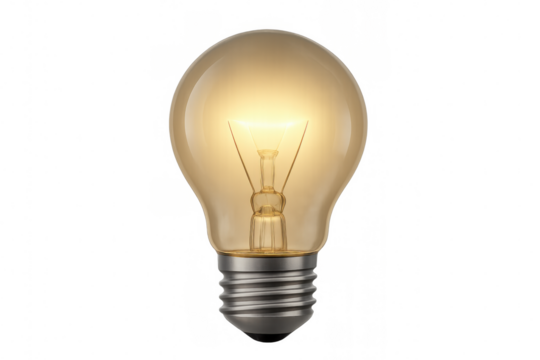 Classic light bulb glowing with warm yellow light on a transparent background, representing ideas and innovation