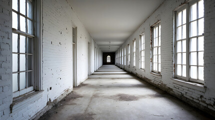 Long abandoned hallway with peeling paint and tall windows