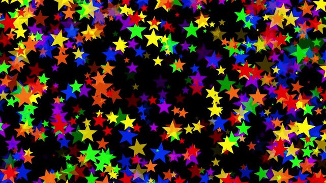 Stars in a rainbow of bright colors floating outwards on black background. Star shape particle background.