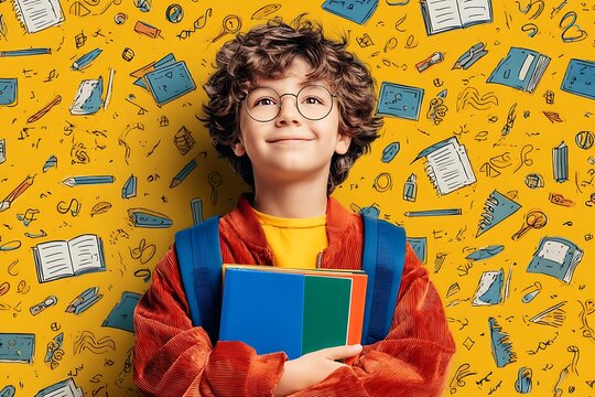 Happy Mexican boy with colorful backpack and notebooks, vibrant school background