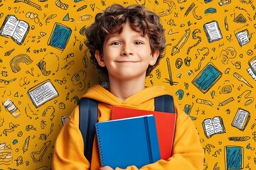 Happy Mexican boy with colorful backpack and notebooks, vibrant school background