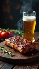 Aromatic BBQ meat and cold beer on a rustic background, grill, fire
