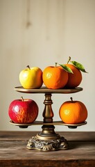 Apples and oranges balanced on an old-fashioned scale, retro, healthy