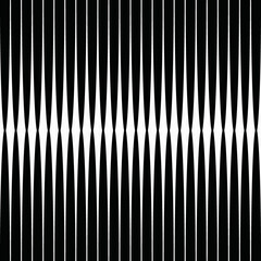 set of barcode, striking black and white pattern, vertical lines, top and bottom, inward-pointing wedges, pinched, across the middle, illusion of depth, white space between the black lines mirrors 