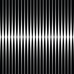 set of barcode, striking black and white pattern, vertical lines, top and bottom, inward-pointing wedges, pinched, across the middle, illusion of depth, white space between the black lines mirrors 