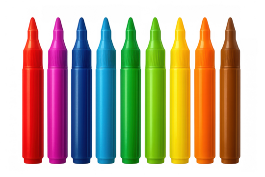 Set of eight colorful markers isolated on transparent background, offering vibrant hues for creative design and illustration projects - Powered by Adobe