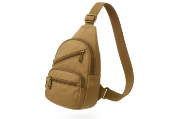 Stylish brown canvas sling bag isolated on transparent background, convenient