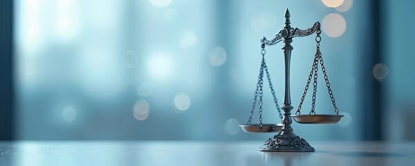 Close-up view legal scales balancing. Symbolizing justice fairness in law firm office. Conceptual image for legal profession, civil criminal justice, law enforcement.