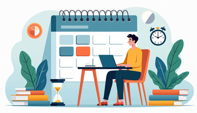 Young man working with laptop uses time blocking calendar, clock, timer, books. Schedule specific time slots for tasks to focus, concentrate. Achieve goals, boost productivity, planning, scheduling.