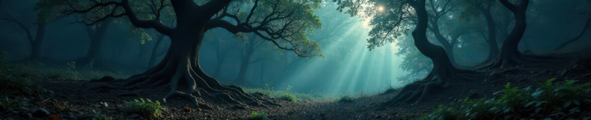Dark forest landscape with twisted tree branches, perspective, twisted