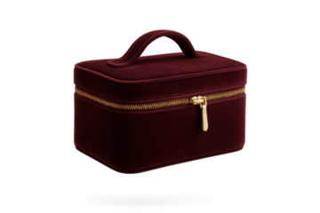 Burgundy velvet cosmetic bag isolated on transparent background, elegant style