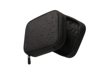 Black water-resistant hard case with droplets, isolated on transparent background