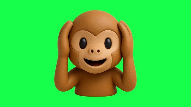 Playful monkey emoji expression animation, transparent 4K video, green screen