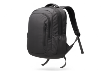 Modern black backpack isolated on transparent background for everyday use.