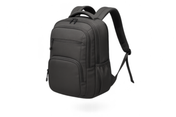 Sleek black laptop backpack isolated on transparent background, modern design