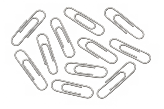 Several metallic paperclips lying on a transparent background, creating a simple yet effective visual