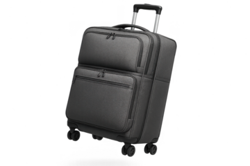 Dark grey luggage suitcase with wheels and handle, isolated on transparent background.
