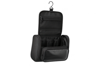 Black hanging toiletry bag, open, isolated on transparent background