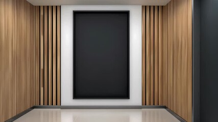 Modern Empty Display: A contemporary space features clean lines, wooden paneling, and a blank black display, perfect for showcasing a presentation. - Powered by Adobe