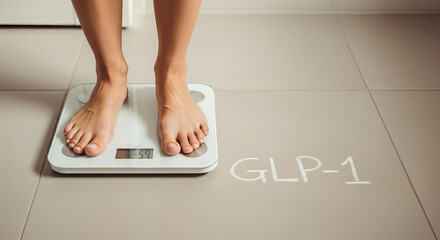 Individual is weighing themselves on a digital scale, with health notes written on the floor GLP-1, highlighting personal wellness journey