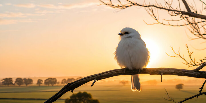 Fluffy white bird perched at sunrise minimal scene