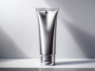 Silver metallic hand cream tube placed vertically on a plain white background with diffused top lighting, no shadows or extra elements.