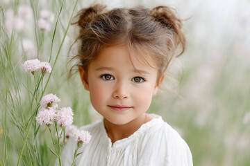 Adorable Child in White Dress with Glitter Hair, Surrounded by Pink Flowers