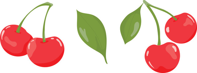 Simple red fresh cherry flat illustration. Cherry fruits on white isolated background. Cherry slices collection