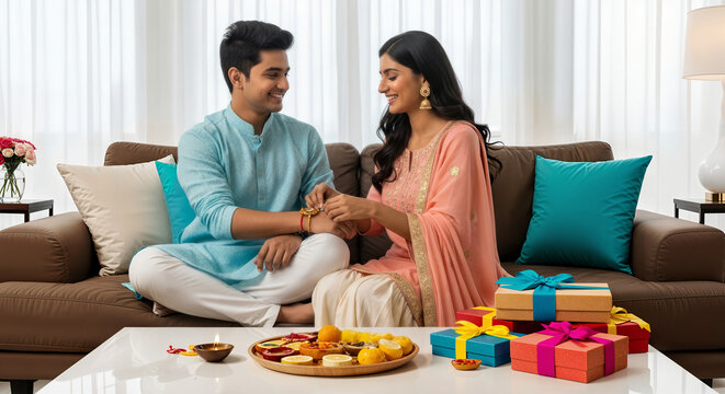 Raksha Bandhan 2025 Brother-Sister Smiling Together While Celebrating With Sweets and Gift Boxes