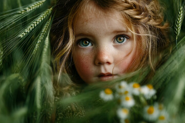 Freckled Toddler Girl Amidst Lush Green Foliage And Wildflowers