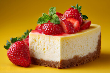Creamy Cheesecake with Fresh Berries and Mint on Yellow Background