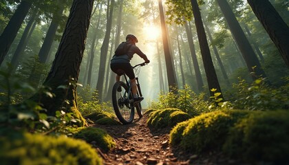 Mountain biker rides trail in forest with sunshine. Active outdoor sport lifestyle. Female cyclist on bicycle enjoys nature. Forest adventure. Healthy workout in woods.