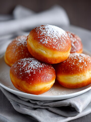 Five Golden Brown Pastries Dusted with Powdered Sugar on a White Plate