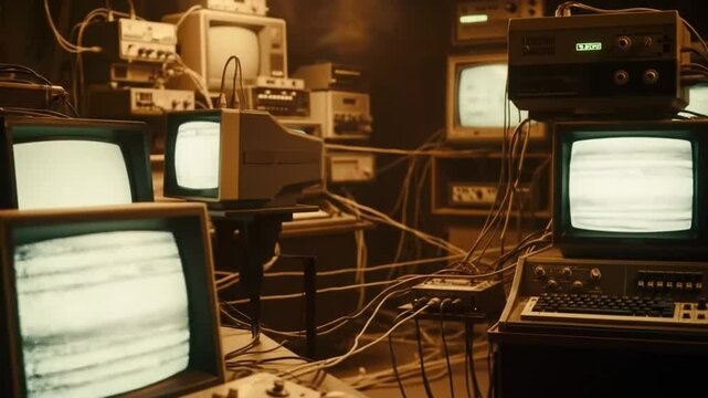 Retro computers and lab used for early research or data processing
