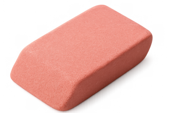 Pink rubber eraser removing pencil marks, lying against transparent background with clean, sharp edges