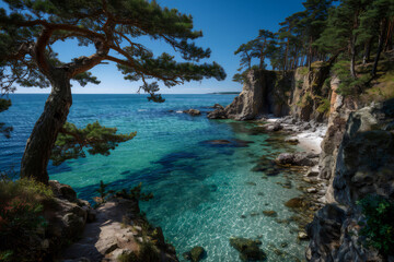 Coastal Scene with Evergreen Tree and Turquoise Water
