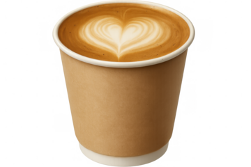 Cardboard takeaway cup featuring heart-shaped latte art cappuccino against transparent backdrop