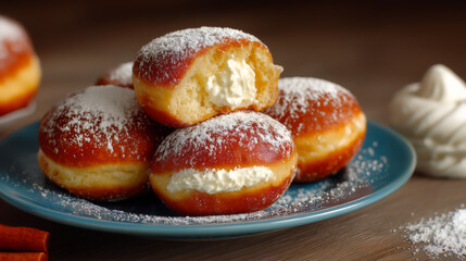 Cream Filled Pastries with Powdered Sugar on Teal Plate