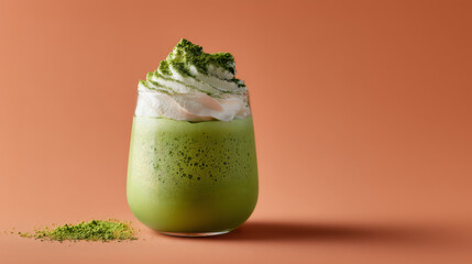 Green Tea Mousse with Whipped Cream on Terracotta Background