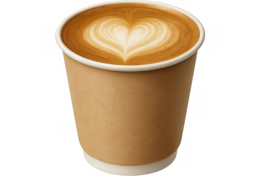 Cardboard takeaway cup featuring heart-shaped latte art cappuccino against transparent backdrop